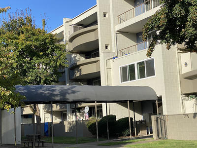 Front view of high rise apartment complex