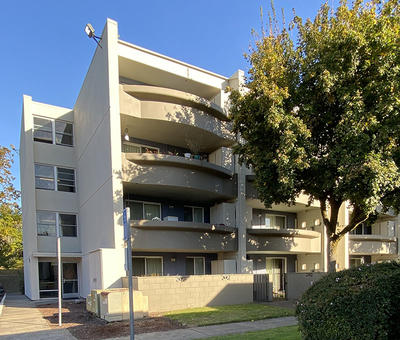 Front view of high rise apartment complex